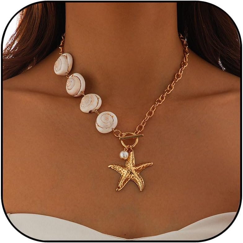 MIFYNN Gold Shell Starfish Necklace for Women Pearl Shell Necklace Layered Beaded Starfish Necklaces Summer Beach Surf Jewelry Gifts for Women - Image 1